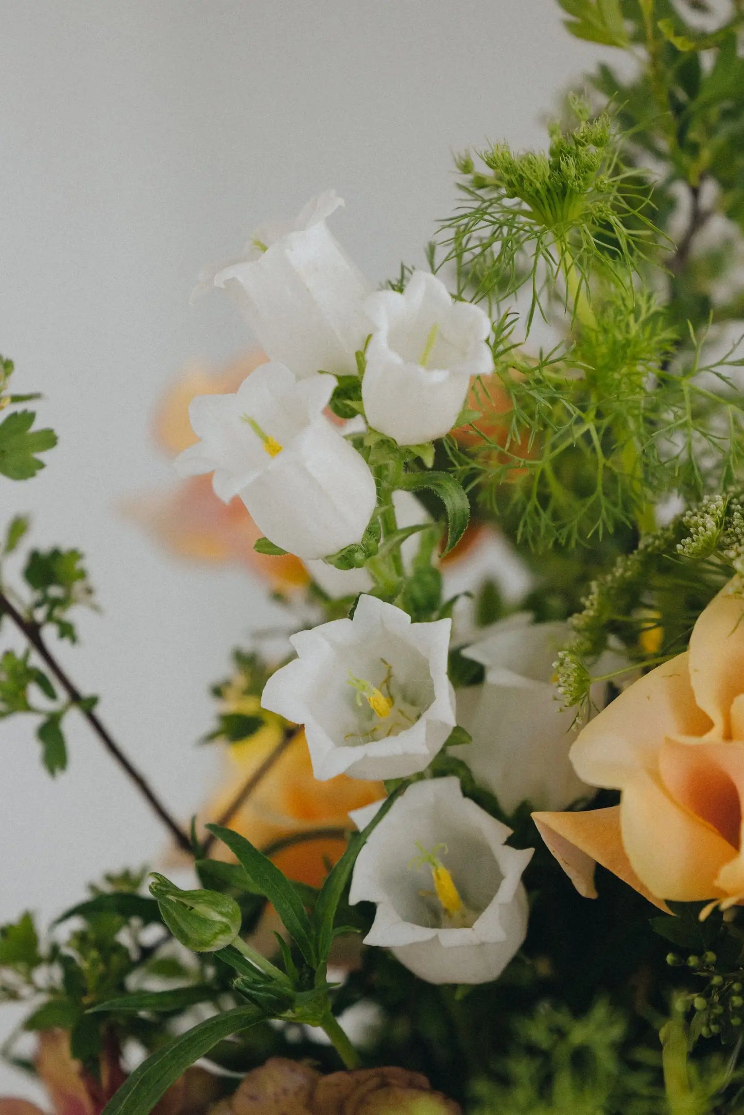 Custom flower arrangement detail white campanula bells and seasonal greenery by Kvetka Flower