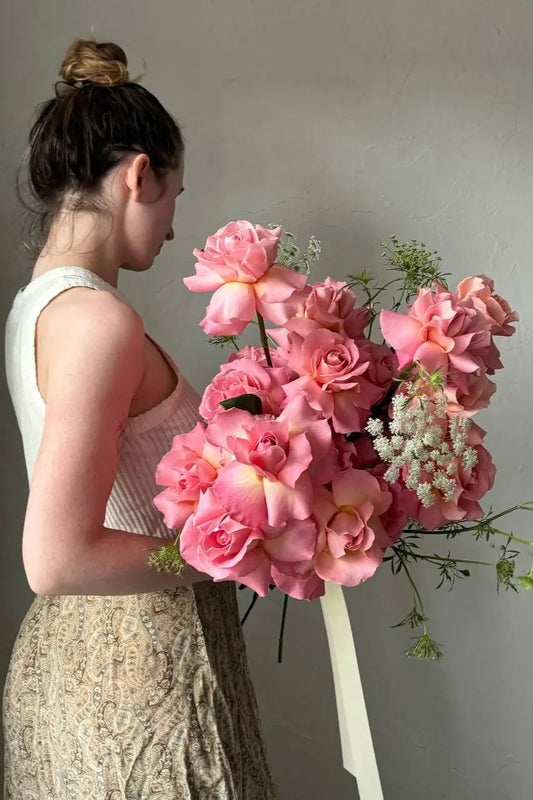 Large long stem pink rose bouquet with delicate Queen Anne's Lace hand-designed by Kvetka Flower
